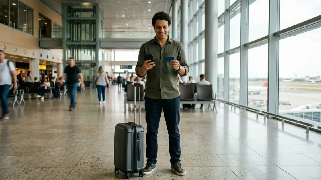 Homem com mala de mão no saguão do aeroporto segura o celular e um cartão