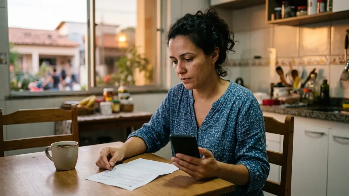 Mulher sentada à mesa da cozinha confere uma conta impressa e o celular