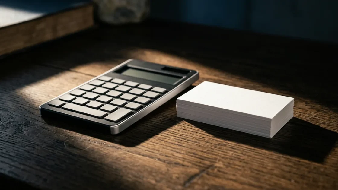 Close-up em ângulo baixo de uma calculadora de bolso elegante ao lado de cartões brancos em uma mesa de madeira escura, iluminados por um feixe de luz matinal com sombras longas.