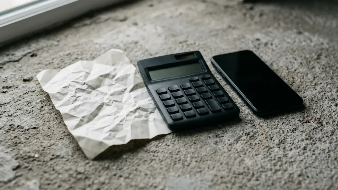 Disposição austera de papel amassado, calculadora e celular com tela escura em concreto bruto, sob luz dura e enquadramento fechado.