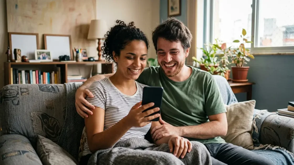 Casal sentado no sofá olha o celular juntos e sorri